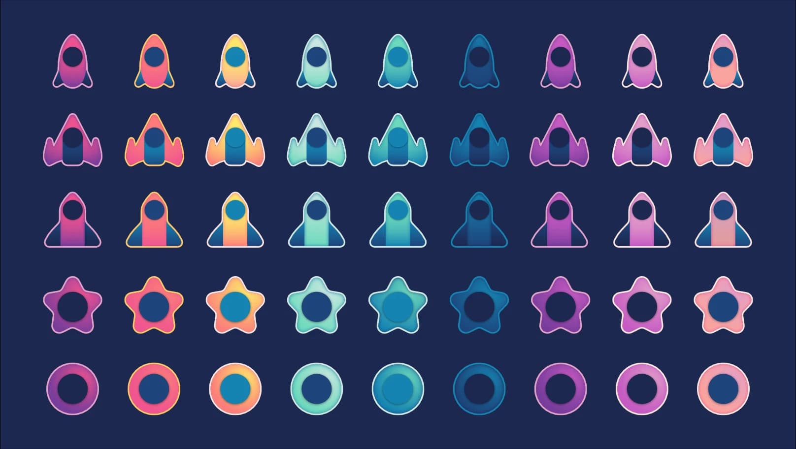 the break orbit ships, including two types of rocket, a fighter, a round capsule, and a star-shaped capsule.
