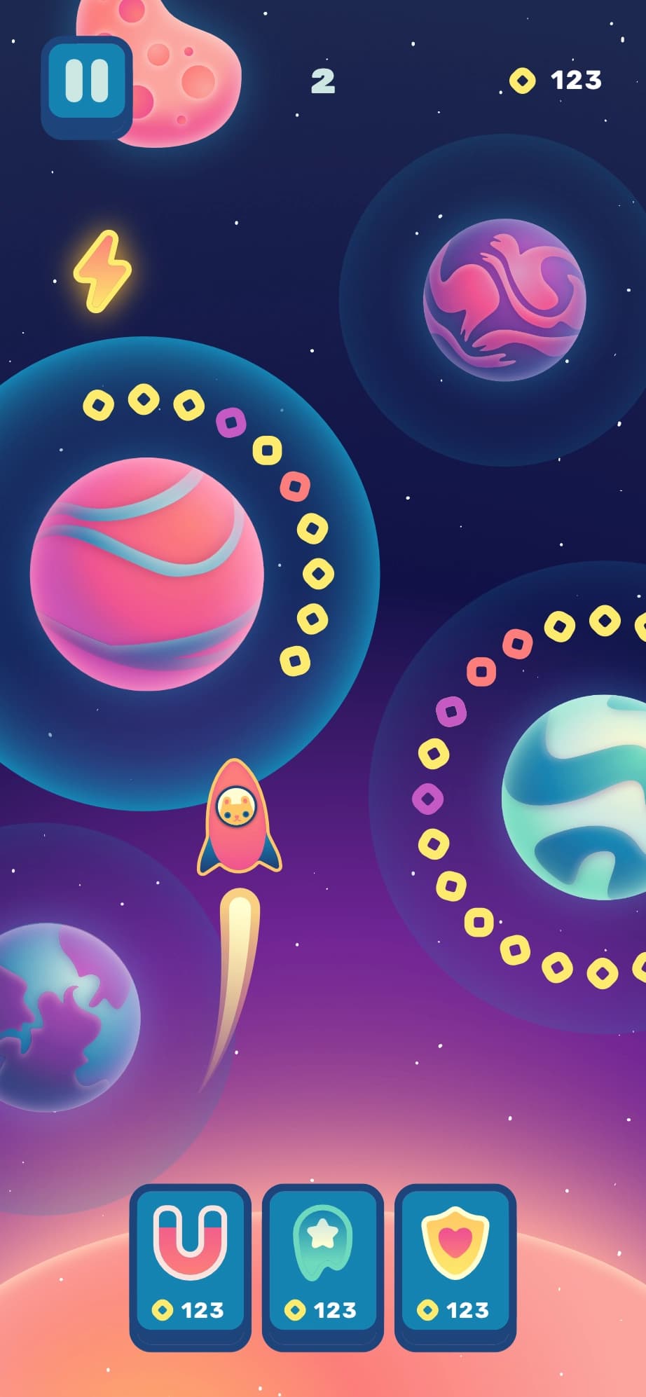 a gameplay screenshot featuring a rocket-shaped ship approaching the orbit of a gas planet with wave-shaped accents. three power-ups appear at the bottom, and near the top of the screen a lightning bolt power up floats.