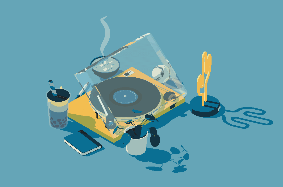 looping animation of a scene containing a turntable with a record on it, surrounded by a cactus-shaped lamp, a cup of boba tea, a pile plant, a baseball, a bowl of miso soup, a Copic marker, and a small notebook.