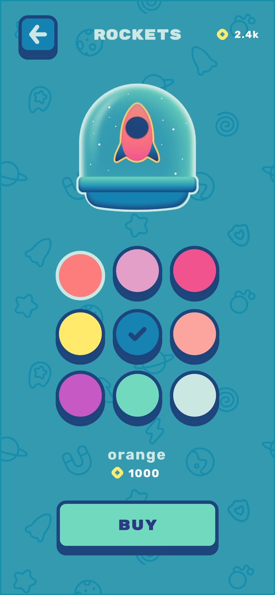 a product page in the shop. this one depicts a rocket and the nine different colors available for purchase.