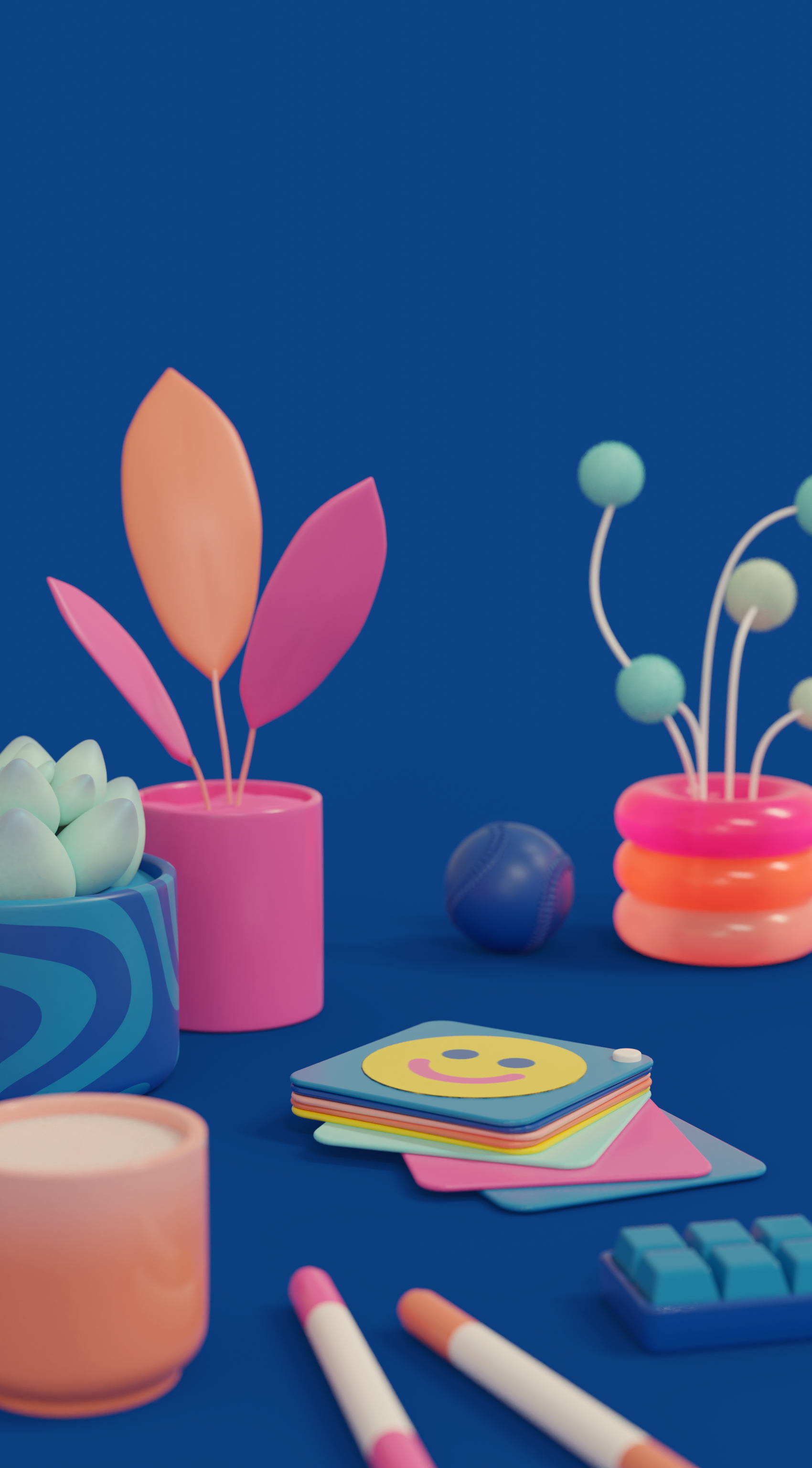 3D render depicting scattered objects: a square color swatch book, a small keyboard, some markers, and various plants.