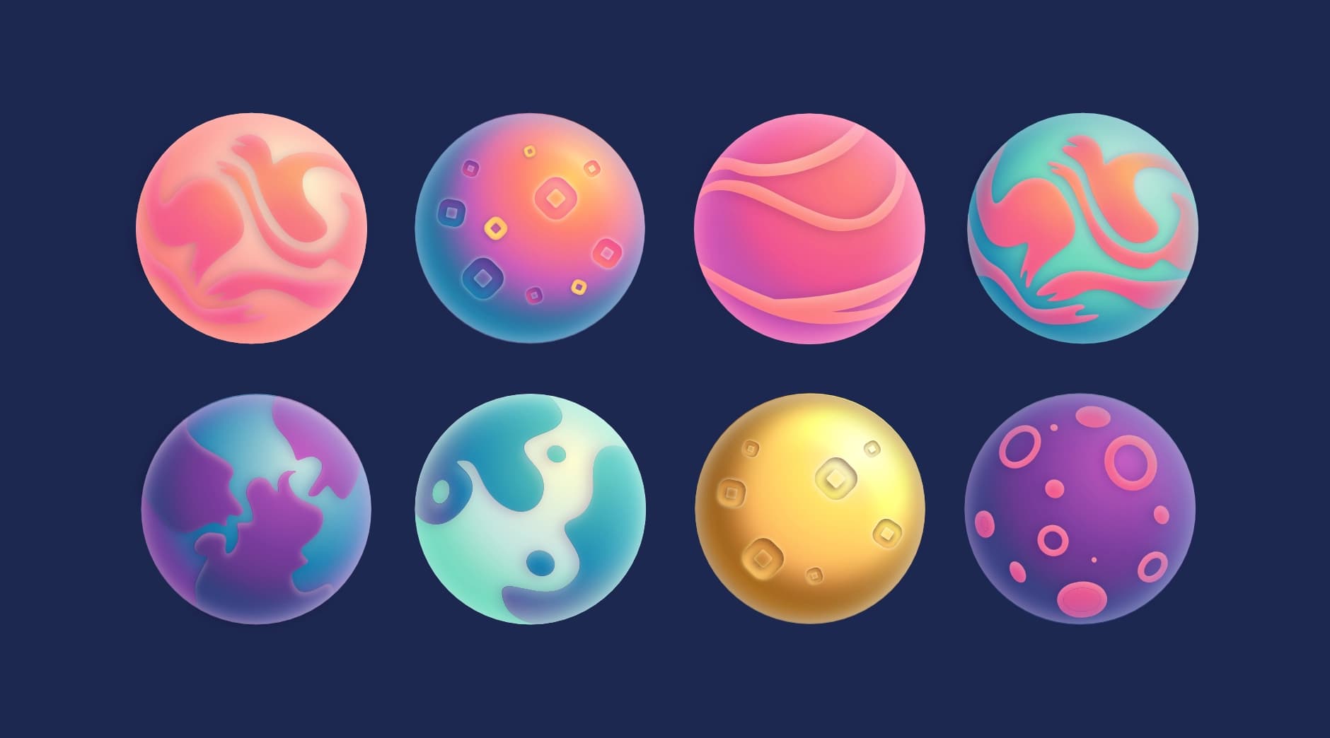 eight planets created from the procedural algorithm. two have wispy, cloud-like features. another has continent-like features, and another has craters. two planets feature coin-shaped indentations -- these are the coin planets from which the player can collect lots of coins if they orbit around it!