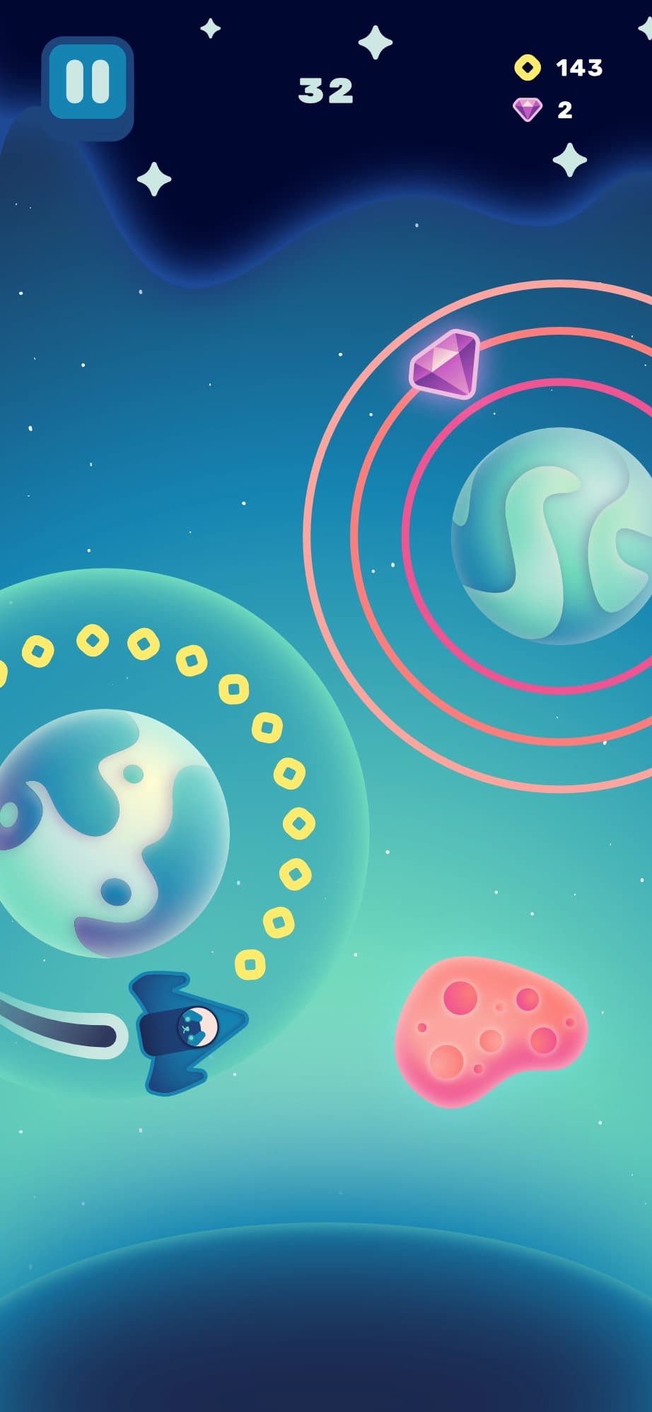 gameplay screenshot. a fighter-shaped rocket orbits around a planet, collecting coins.