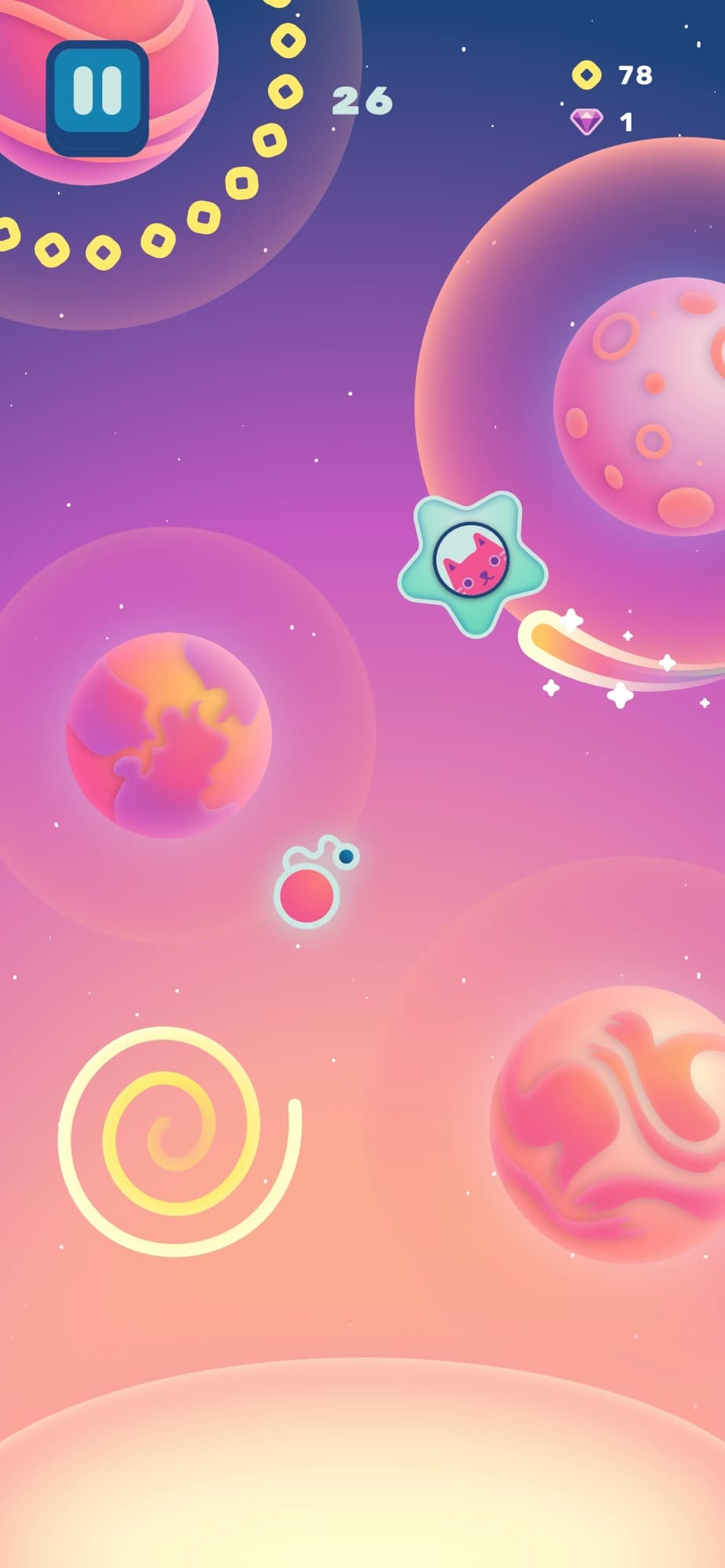 a cat pilots a star-shaped ship around the orbit of a planet with craters like the moon. near the bottom is a spiral-shaped wormhole which the cat has luckily evaded.